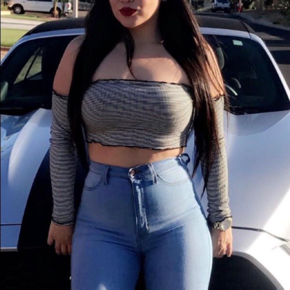 stretchy striped off shoulder crop top